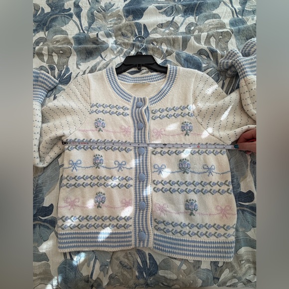 LoveShackFancy Keoni Cardigan in Blue Bells Flare Sleeved Sweater - Picture 5 of 9